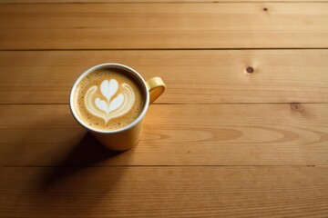 Aromatic Latte Art in a Yellow Cup on Wooden Surface