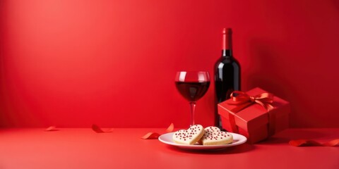 Romantic Valentine's Day Still Life Featuring Heart-Shaped Cookies, Wine, and Gift