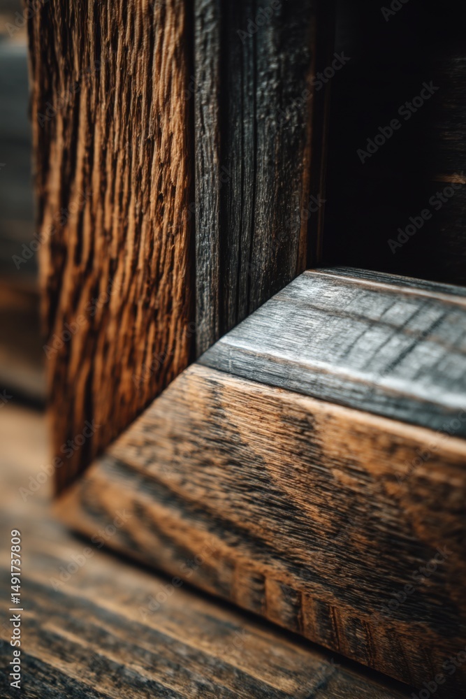 Aufkleber close-up of a rustic wooden frame corner with visible wood grain and texture shot at eye level in st