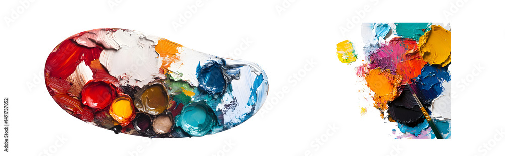 Poster set of colorful art palette with various pigments. isolated on transparent background