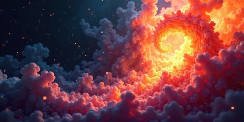 Ethereal Glowing Spiral Emerging from a Dreamlike Landscape of Soft, Luminescent Clouds and Embers