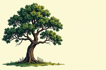 A Lush Green Tree with a Thick Trunk and Abundant Foliage Stands on a Small Patch of Grass
