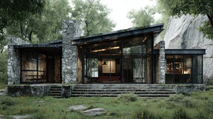 Modern Stone Cabin Retreat Glass Walls with Forest Backdrop, and Rustic Charm.