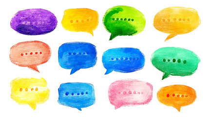 A set of vibrant speech bubbles and colorful balloons illustrate cartoon communication with talk and thought shapes