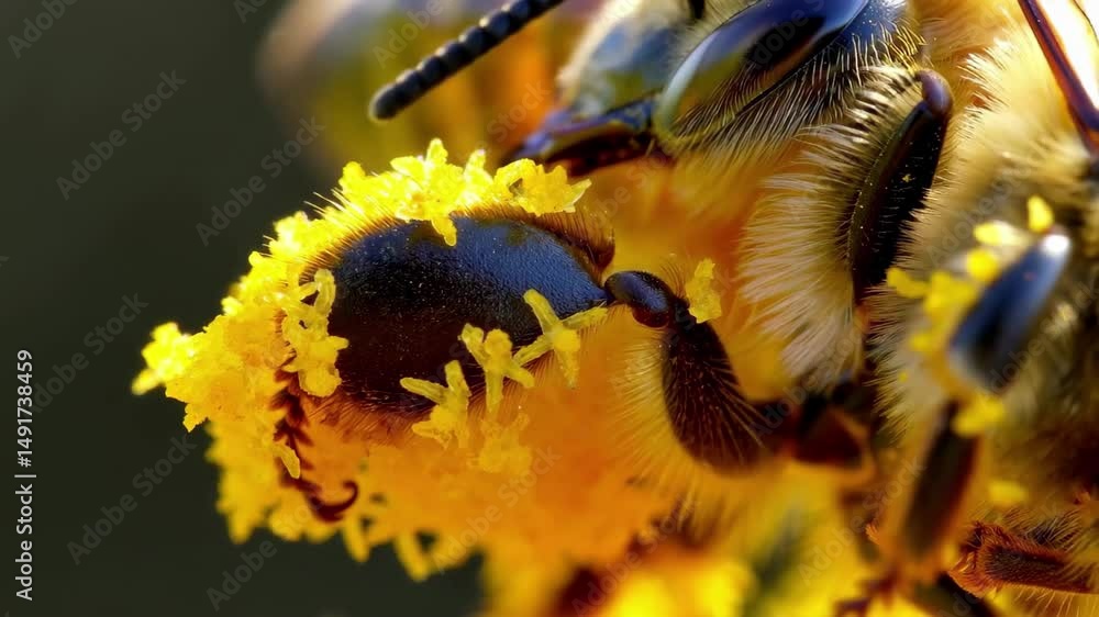 Poster close view of bee anatomy revealing specialized structures for pollen collection and intricate textu