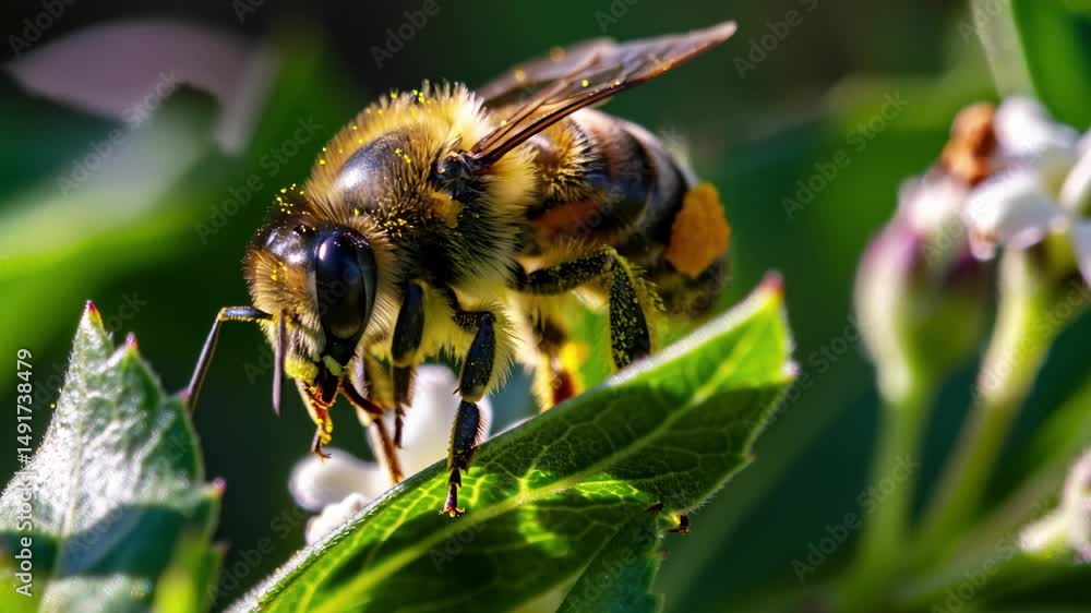 Poster close-up view of pollen covered bee revealing intricate anatomy and unique collecting structures in 