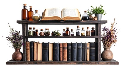 Vintage bookshelf with apothecary bottles books and plants arranged on shelves a detailed image on white background