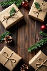 Rustic Winter Holiday Presents Decorated with Twine and Evergreen Branches on Dark Wooden Surface