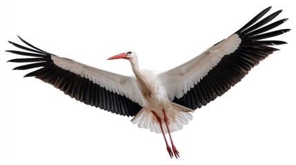 A stork flying with long legs trailing behind, wings fully extended, centered in the frame, white background, high-resolution, detailed plumage, studio lighting
