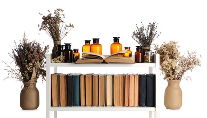 Shelf display with books and bottles against a white background. Features dried plants in vases. A focused composition