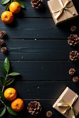 Dark Wooden Surface Decorated with Citrus Fruit, Pine Cones, and Wrapped Gifts