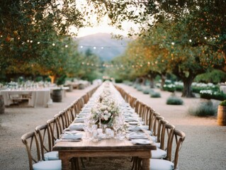Long Reception Table at Outdoor Wedding Venue in Vineyard at Sunset Eye-Level Shot in California