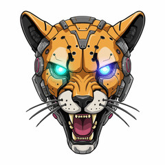 A robotic animal with striking glowing eyes in shades of blue. Half face, mech-style