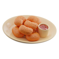 Chicken nugget with ketchup on plate 3d illustration