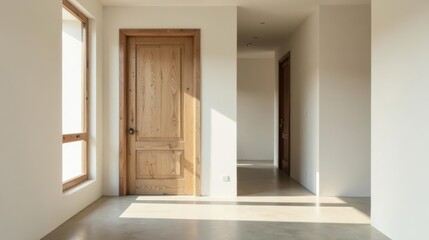 Fototapeta premium Sunlight streams through a window illuminating a minimalist hallway with light wood doors and neutral walls