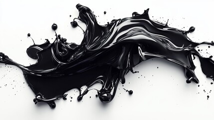 Abstract black liquid splash against a white background, dynamic swirls and splatters create a visually striking effect