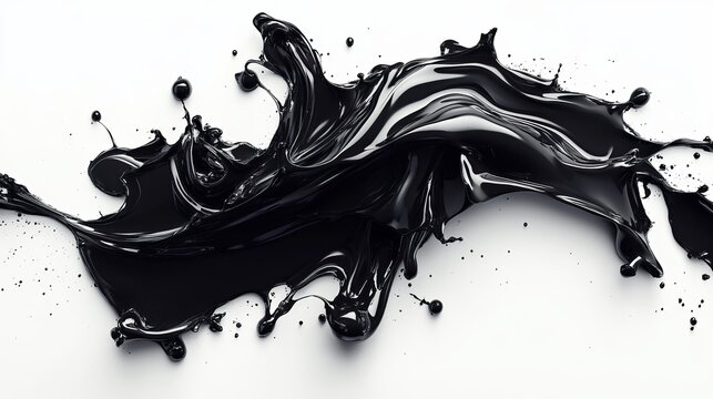 Abstract black liquid splash against a white background, dynamic swirls and splatters create a visually striking effect