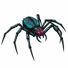 A mechanical spider with glowing pink eyes and circuits