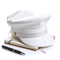 White leather cap and notebook with pen on white background. Objects suggest business and planning. Isolated studio shot with soft lighting