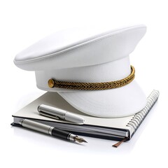 White hat atop a notebook and pens on a white background