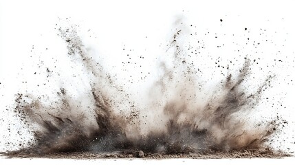 A dramatic explosion of brown dirt and soil against a stark white backdrop, showcasing a dynamic burst of earth and debris