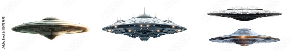 Poster several unidentified flying objects in a horizontal array. isolated on transparent background
