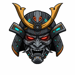 Cybernetic warrior with golden helmet crests and robotic details in neon and red