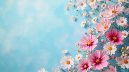 Delicate pink and white cosmos flowers blooming against a soft blue sky background evoking calm and serenity