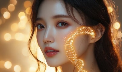 Close-up portrait of a young woman with glowing DNA helix graphic overlay on her cheek, warm bokeh lights in the background, and a serene expression