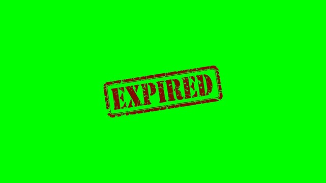 Animated "Expired" red rubber stamp on a green screen chroma key background for marking outdated items, expired products and closed offers