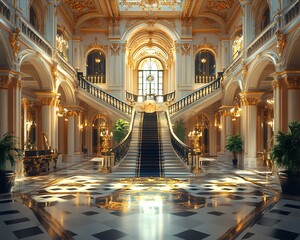 Fototapeta premium Elegant palace interior created through generative AI, featuring exquisite architectural symmetry, rich materials, and tastefully applied color highlights, highresolution scene