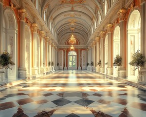 Obraz premium Elegant palace interior created through generative AI, featuring exquisite architectural symmetry, rich materials, and tastefully applied color highlights, highresolution scene