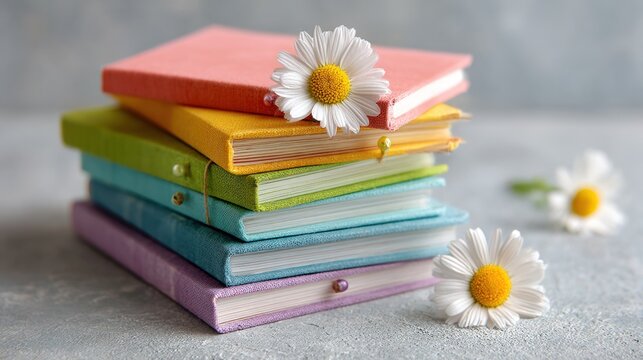 Colorful notebooks stacked high, adorned with daisies