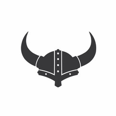 Fototapeta premium Dark silhouette of horned helmet rests on white. Historical. Medieval. Bold. Simple