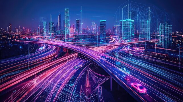 A futuristic cityscape intersection at night, digitally enhanced.