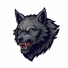 Fierce wolf head with piercing yellow eyes, in a gray, black, and white illustration