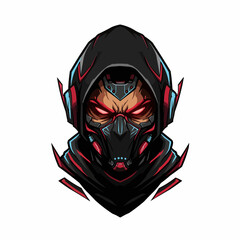 Masked warrior with glowing red eyes, clad in dark attire with futuristic accents
