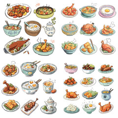 Hand-drawn variety of Asian chicken dishes and rice bowls in colorful artistic style, perfect for restaurant menus, recipe books, and food content creation.


