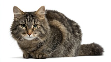 Fototapeta premium A wildcat with striped fur and bushy tail, sitting centrally on a white background, detailed whiskers and fur, studio-lit, photorealistic image