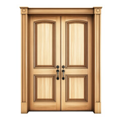 Elegant classic wooden double doors with decorative molding and vintage handles in a natural light finish suitable for interior design and architecture projects
