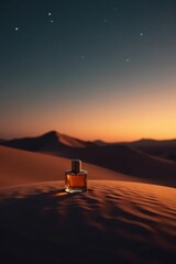 Amber fragrance bottle rests on desert dune at sunset under starry night sky