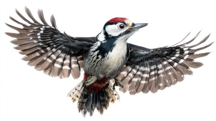 Obraz premium A woodpecker in flight with wings spread, centered on a white background, sharp focus, studio lighting, realistic detail