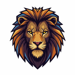 Obraz premium Colorful, geometric half lion illustration. Bold yellow eyes staring intensely at viewer