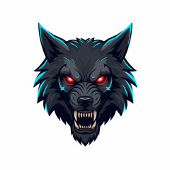 Wolf visage with piercing red eyes, dark grey fur, and blue accents