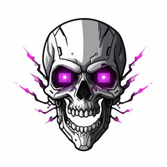 Gray skull head with bright pink neon eyes, with jagged spikes out of the eye sockets