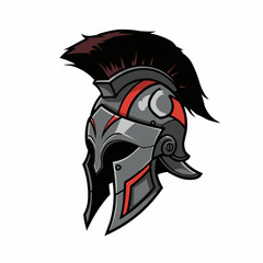 Illustration of gray helmet with red detail and dark brown plume on white background