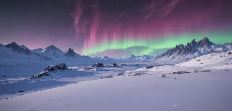 Stark snow-covered landscape, distant research outpost, vibrant aurora ,  frozen,  ice cap,  background