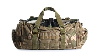Camouflage duffel bag packed on white background displaying outdoor gear