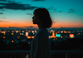 Fototapeta premium Silhouette of a woman gazing at the vibrant sunset sky over the cityscape