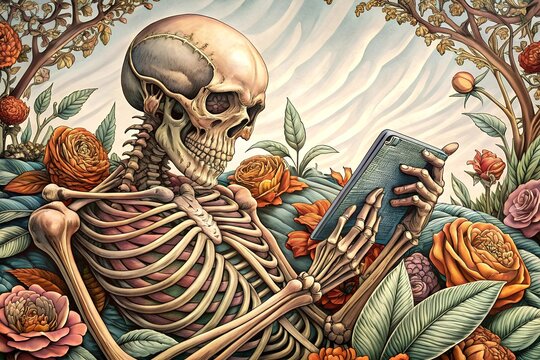 A skeleton with soft tissue remains, shown only by the upper part of its body, lies on a pile of flowers and reads something on a tablet.